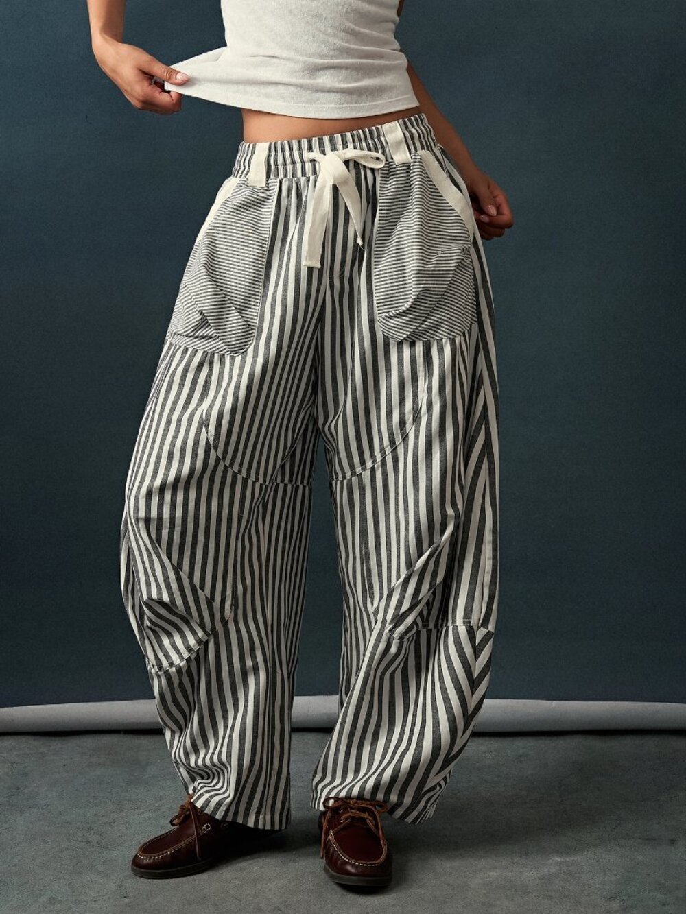Black And White Casual Women's Striped Pocket Loose Long Pants